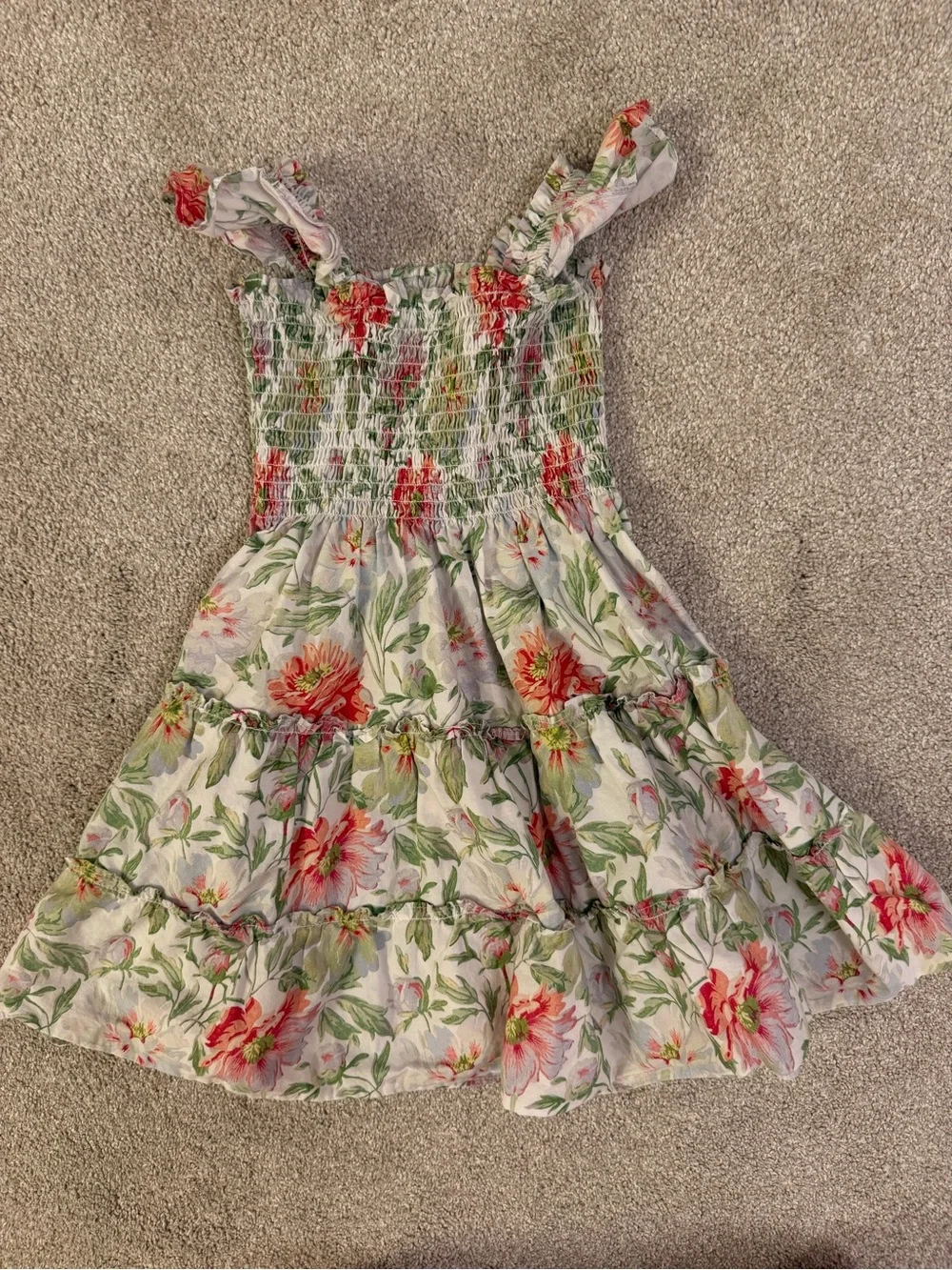 Hill House Girls Floral Smocked Tiered Dress - White, Red & Green